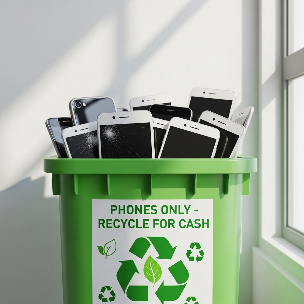 A green recycling bin filled with broken cell phones