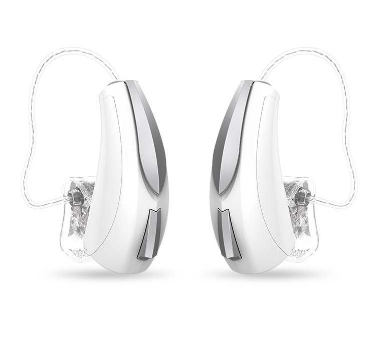 A pair of hearing aids on a white background.