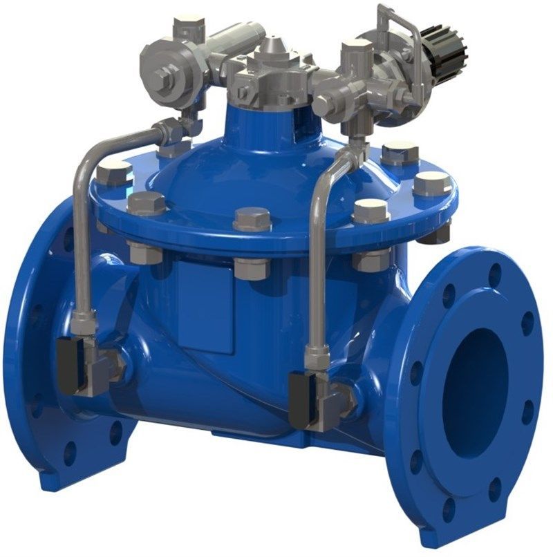 Blue industrial control valve with piping and bolted flanges.