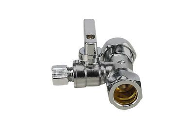 Chrome-plated angle stop valve with lever handle and compression fitting.