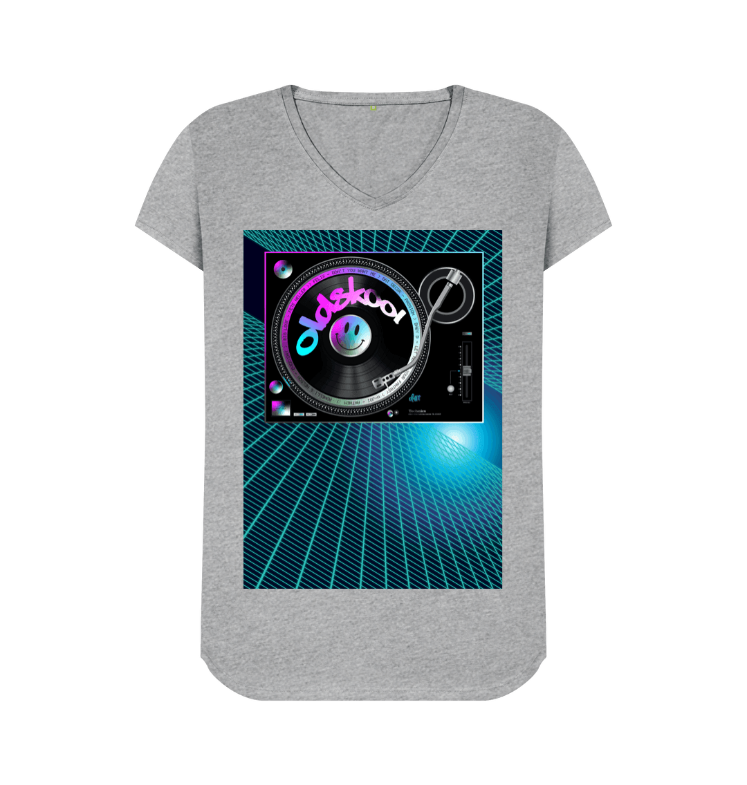 Gray v-neck t-shirt with a DJ turntable graphic. The turntable is surrounded by a blue grid with a light blue glow.