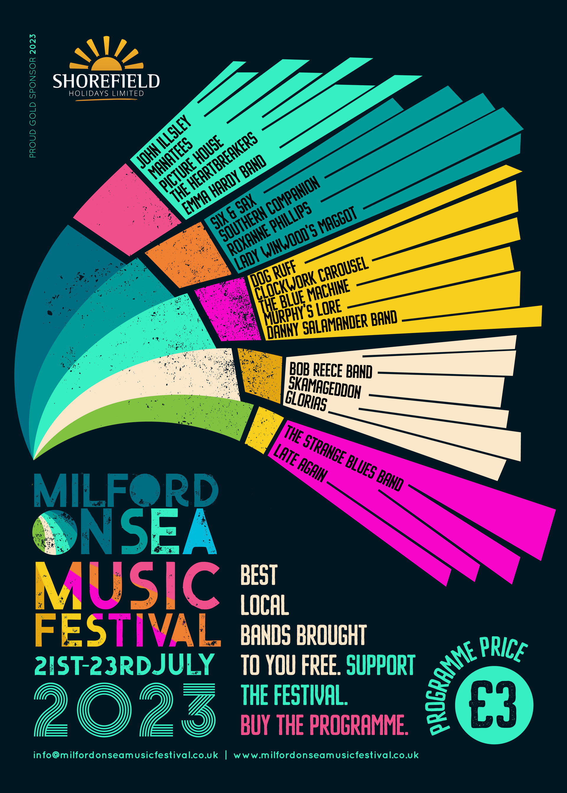 Milford on Sea Music Festival poster. Colorful, pixelated design. Festival dates, bands, and programme details.