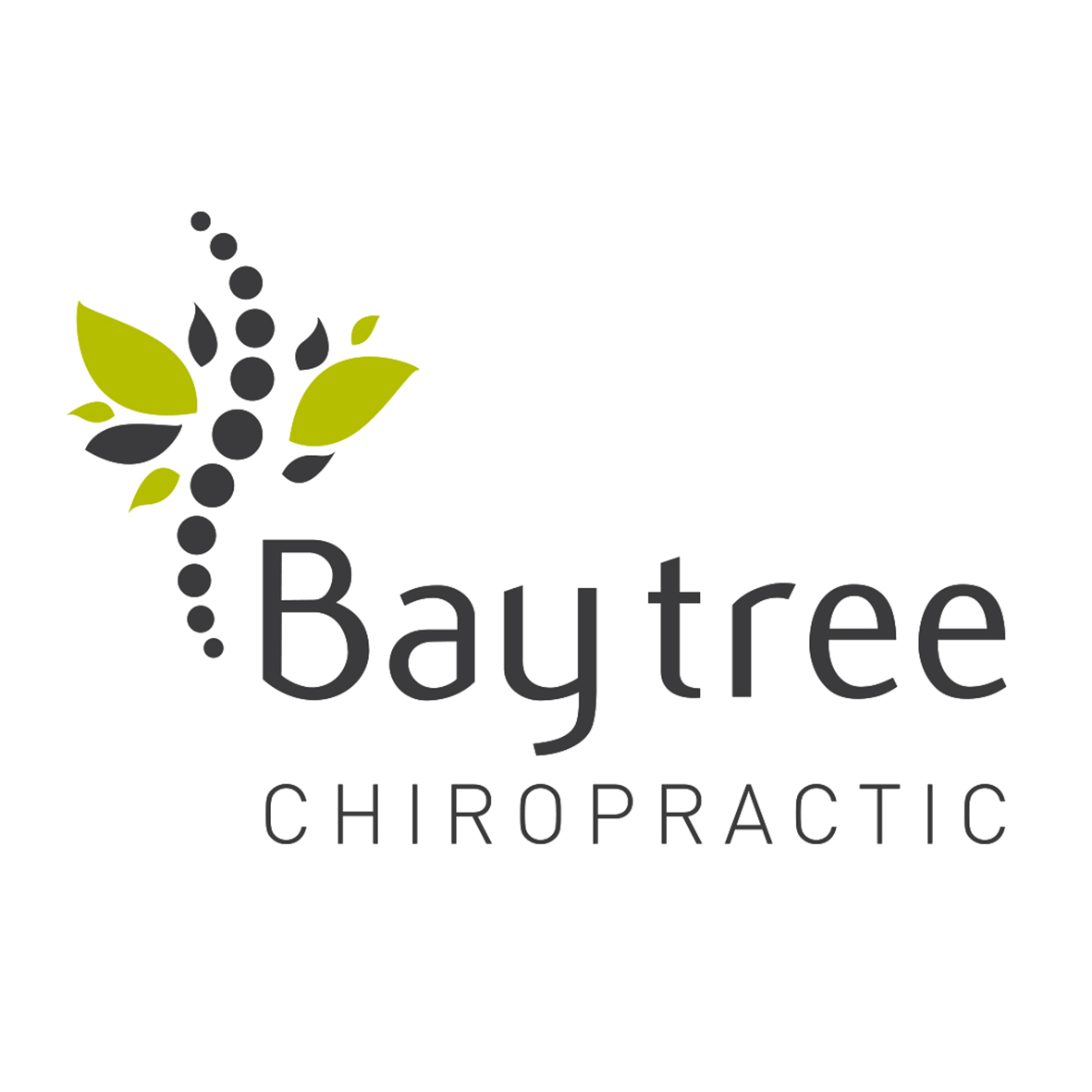 Bay Tree Chiropractic logo with leaf and spine graphic. Text: Baytree, Chiropractic.
