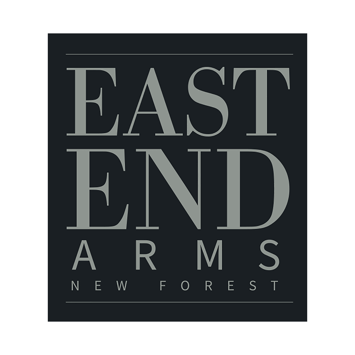 Logo for East End Arms, New Forest; gray text on dark background.