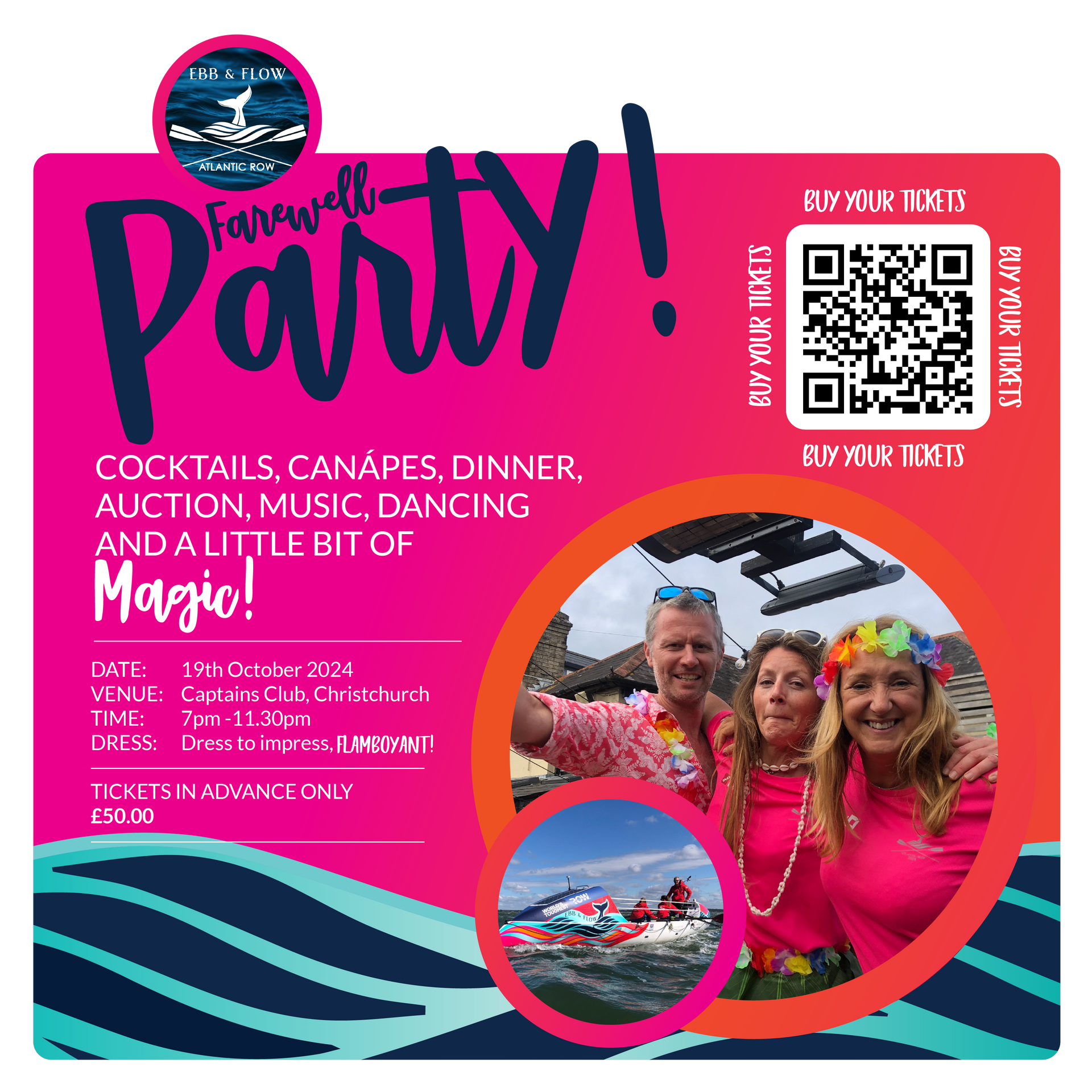 Farewell party flyer: pink, blue, includes photo of people, cocktails, dancing. Scan QR code for details.