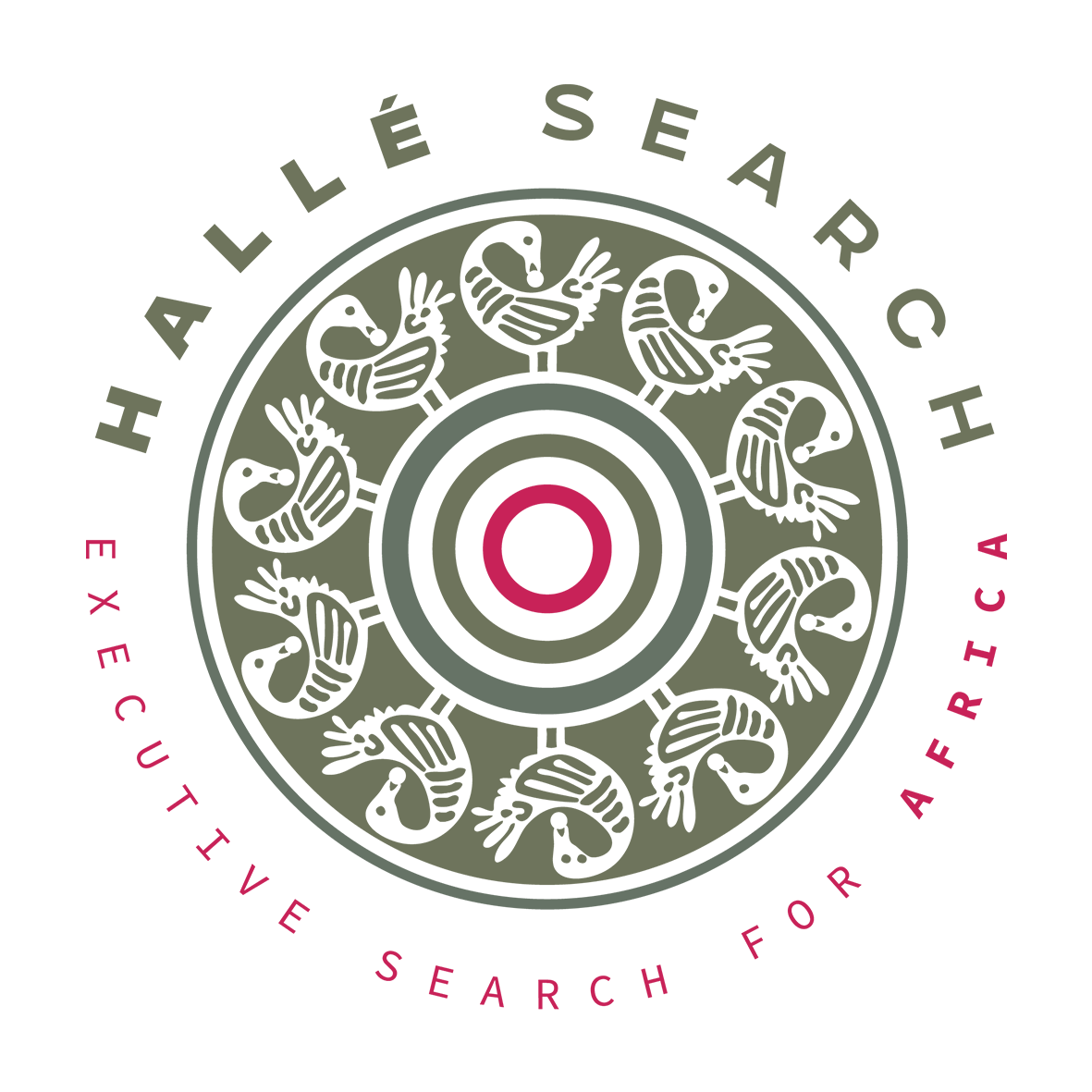 Circular Halle Search logo with bird-like figures and concentric rings. Text: