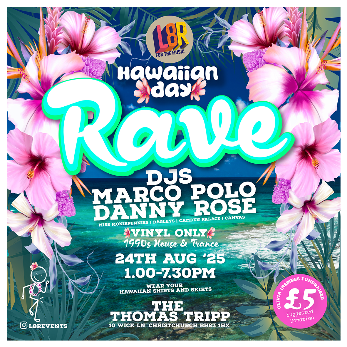 Hawaiian Rave flyer: DJs Marco Polo, Danny Rose. 1990s house/trance, vinyl only. August 24th, 2025 at The Thomas Tripp.