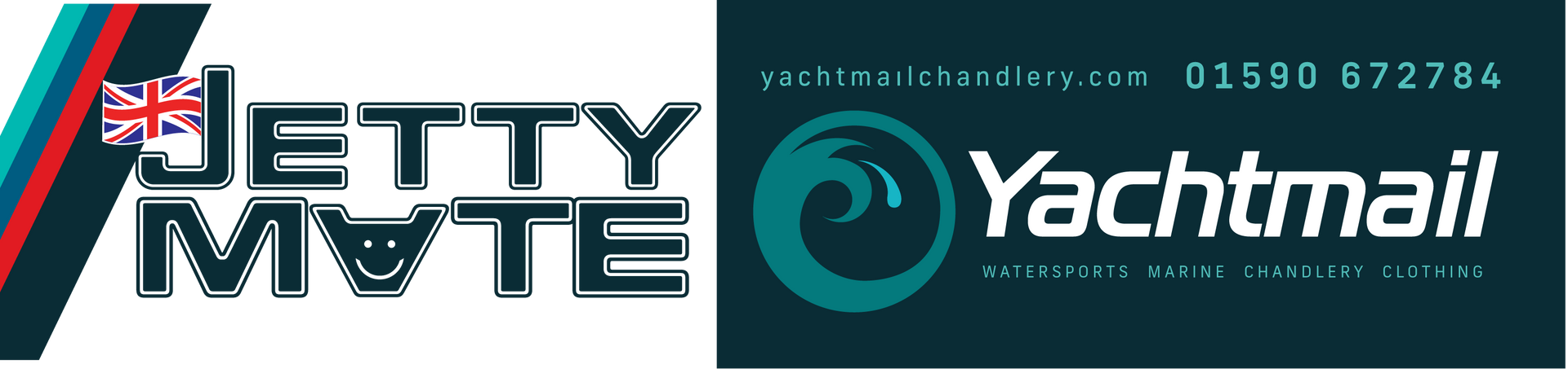 Logos for Jetty Mate and Yachtmail. Jetty Mate features Union Jack & color stripes; Yachtmail has wave graphic in teal.