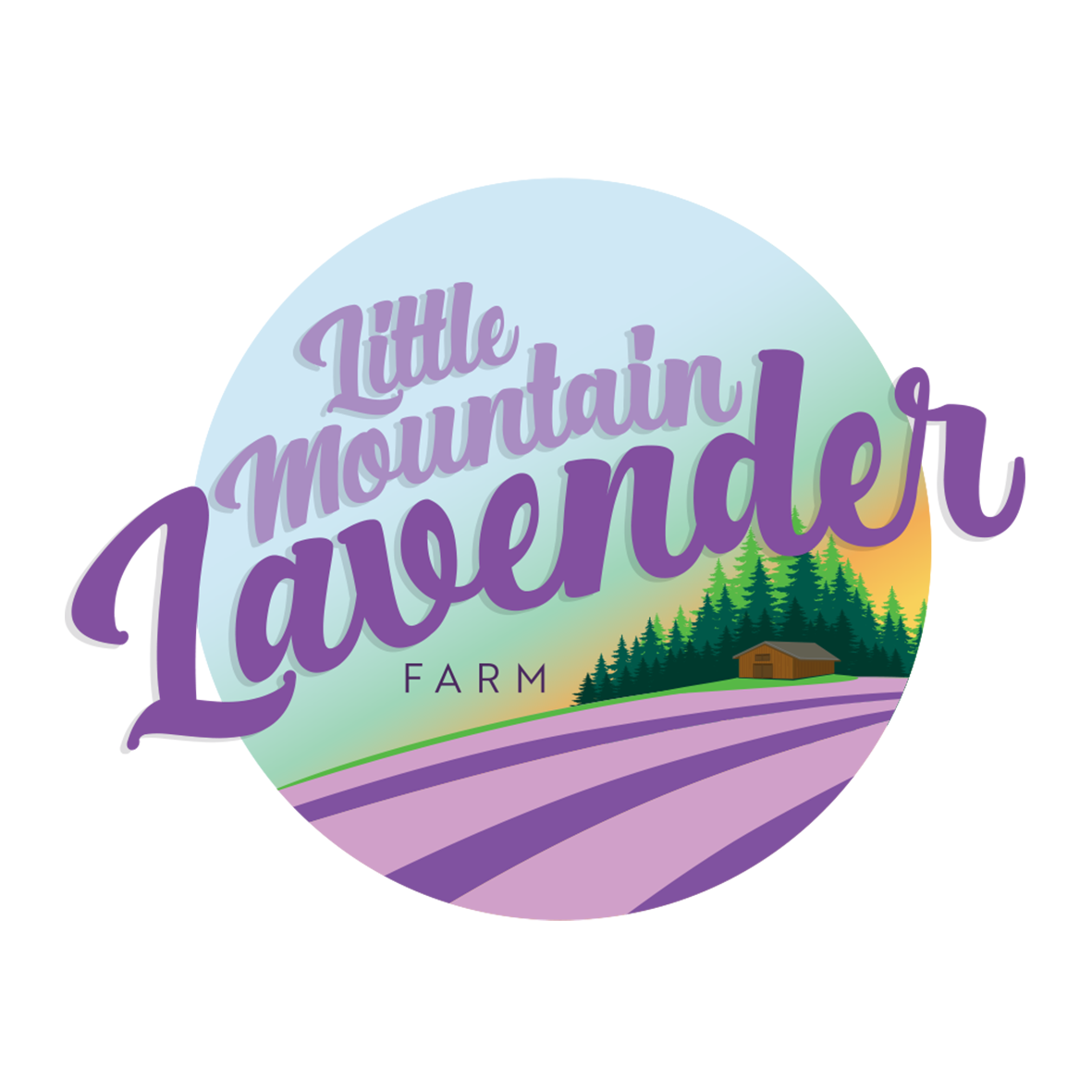 Logo for Little Mountain Lavender Farm: purple script over a field of lavender and trees.