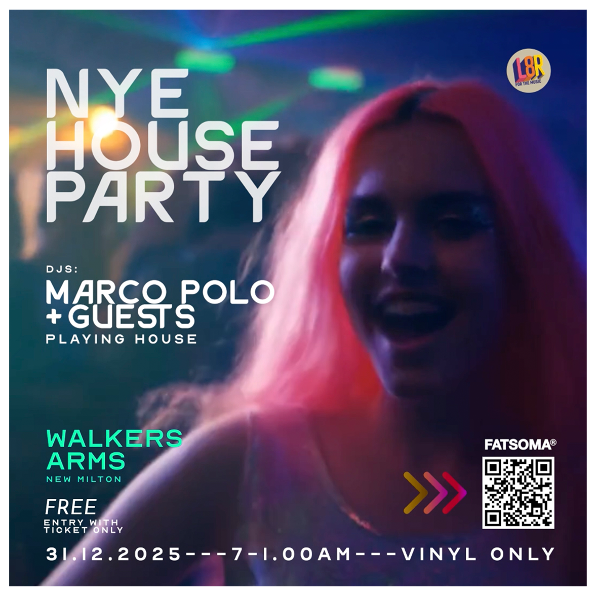 NYE house party flyer: Marco Polo at Walker's Arms, playing house music.