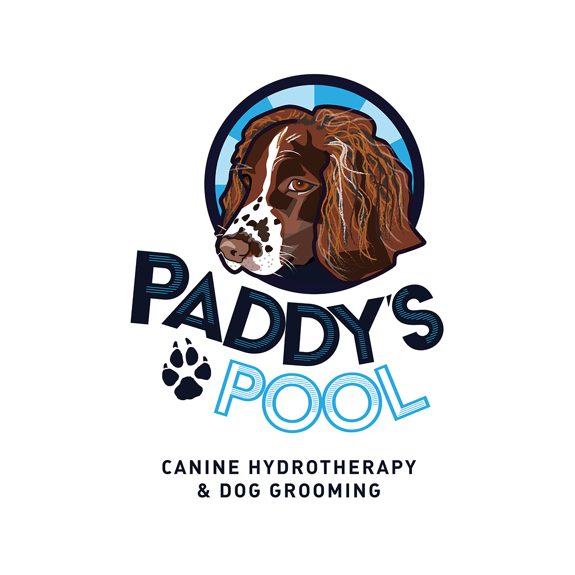 Logo: Brown and white dog in a blue circle, text