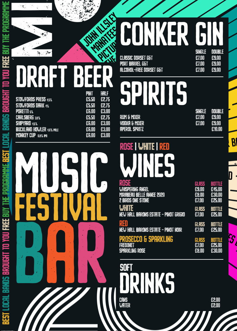 Music festival bar menu with draft beer, spirits, wines, and soft drinks listed.
