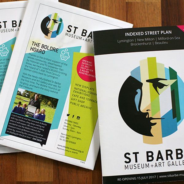 Flyers and brochure for St Barbe Museum + Art Gallery, featuring a geometric logo.
