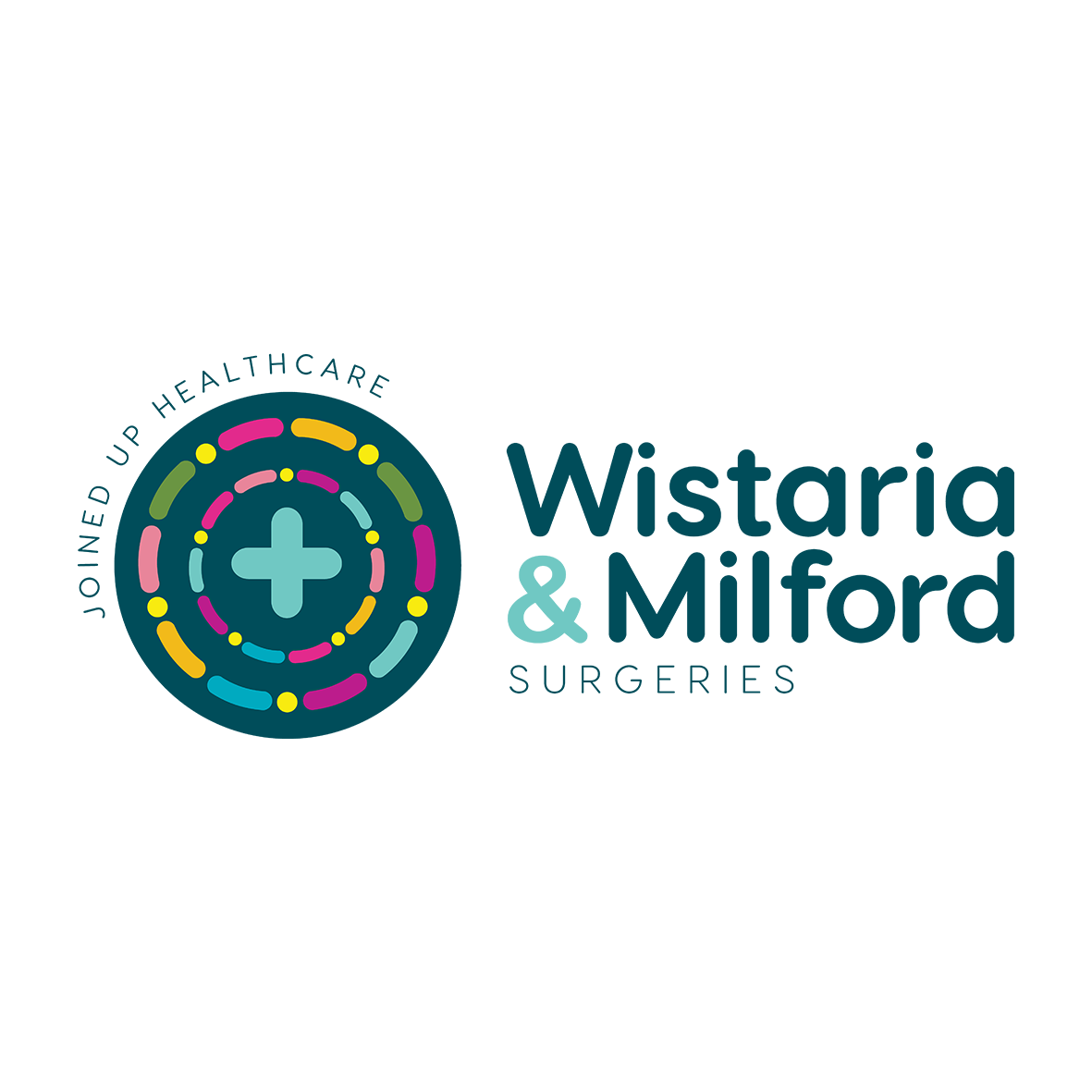 Logo for Wistaria & Milford Surgeries, featuring a teal cross icon inside a colorful circular design.