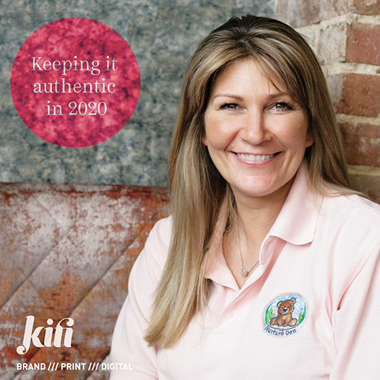 Woman smiling in pink shirt, logo, and text overlay: