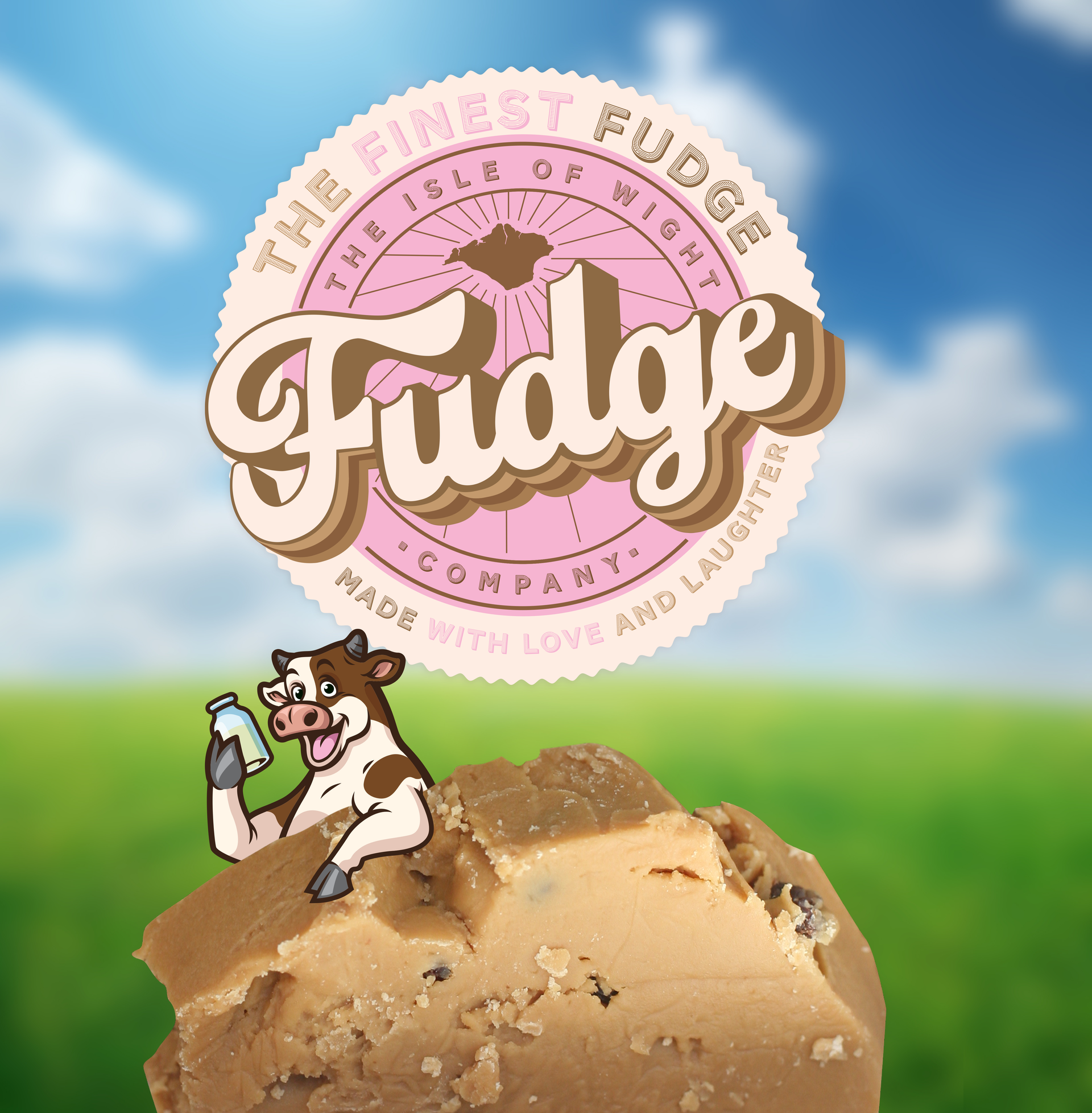 Fudge block with a cartoon cow holding a milk bottle;