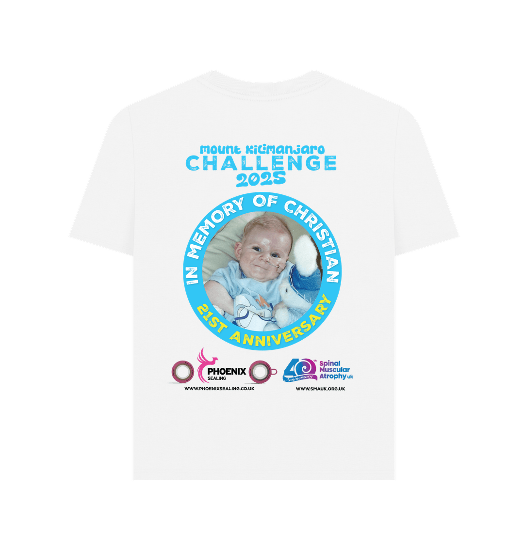 White t-shirt with a blue circular graphic featuring a baby's photo and text