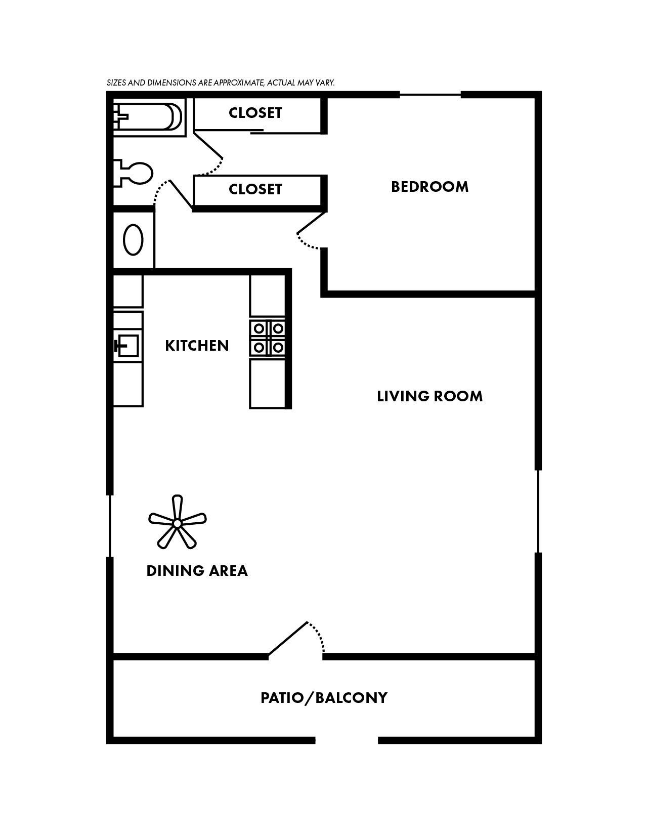 A black and white floor plan of a single bedroom apartment.