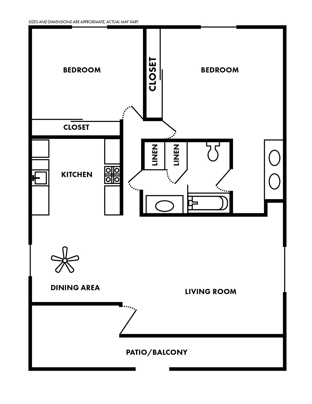 A black and white floor plan of a two bedroom apartment with a balcony.