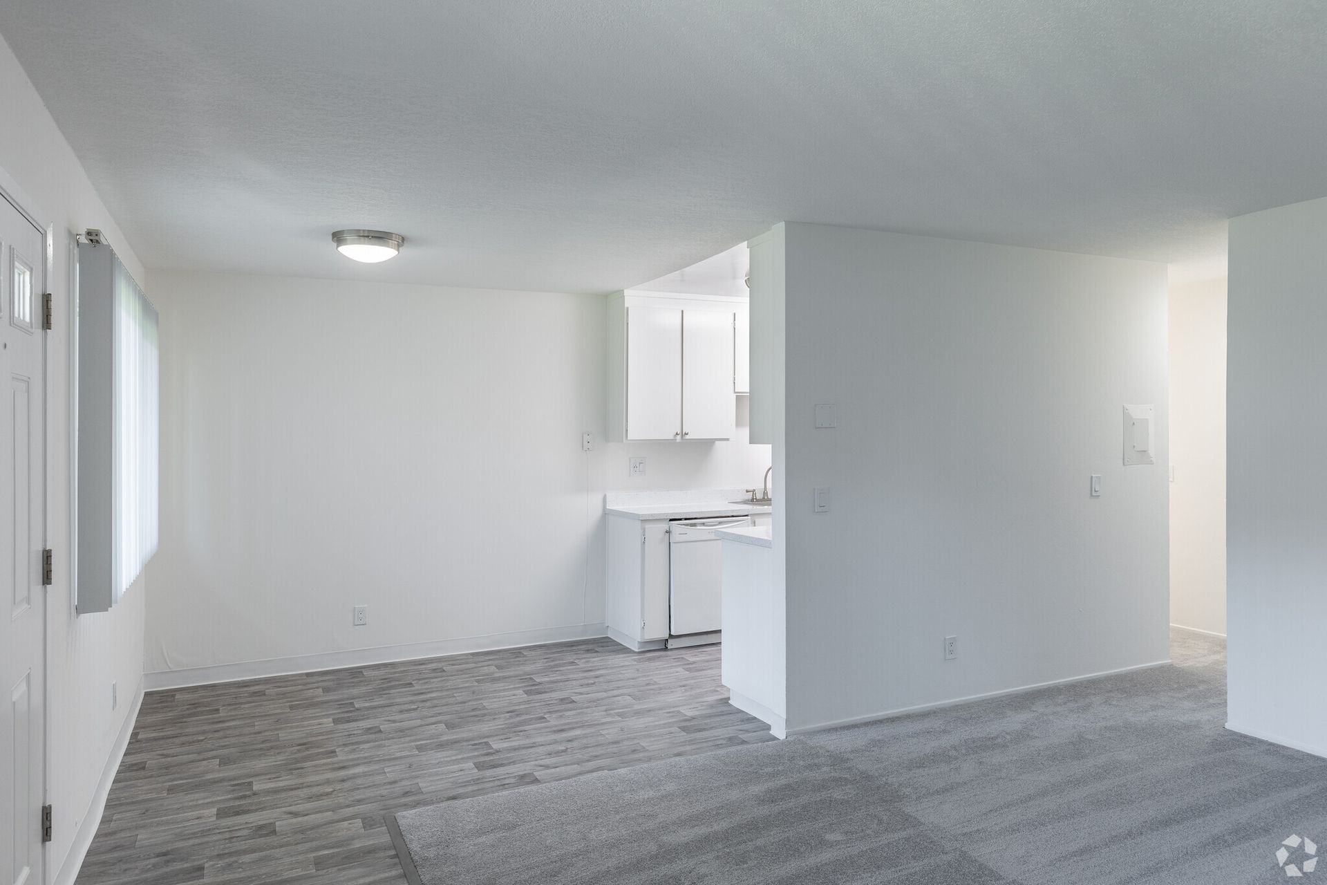 An empty living room with a gray carpet and white walls.