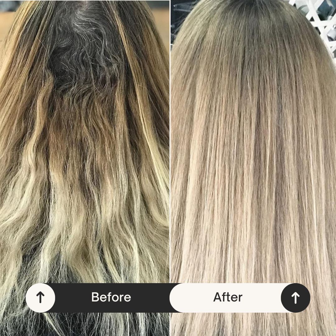 Before and after images of blonde hair. The 