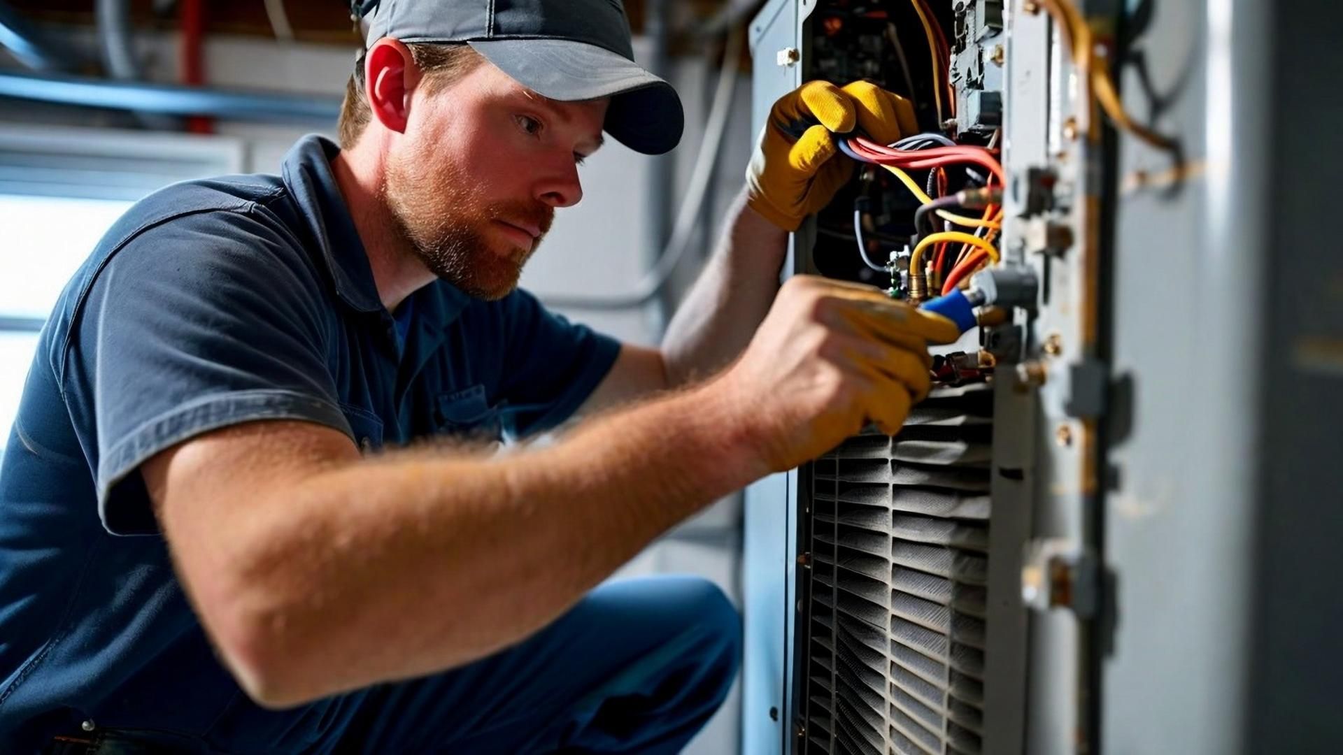 Man in work attire repairing electrical components inside a unit.