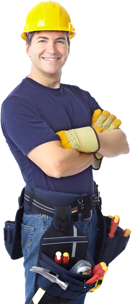 Construction worker with a yellow hard hat and tool belt, smiling with arms crossed.