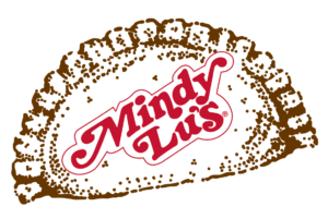 Mindy Lu's logo on a white background, red script inside a brown taco shell shape