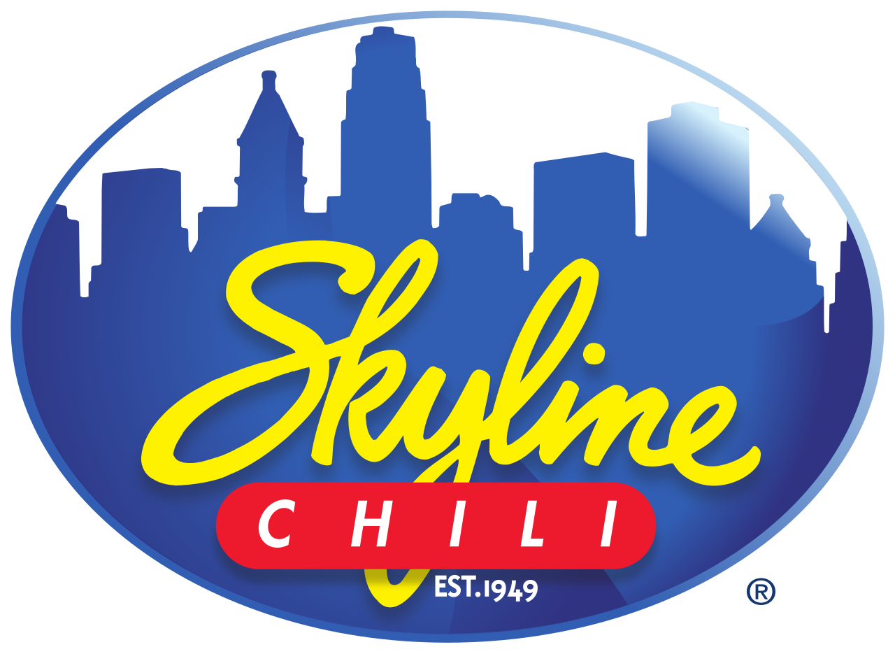 Skyline Chili logo with blue city skyline and yellow script on a red oval