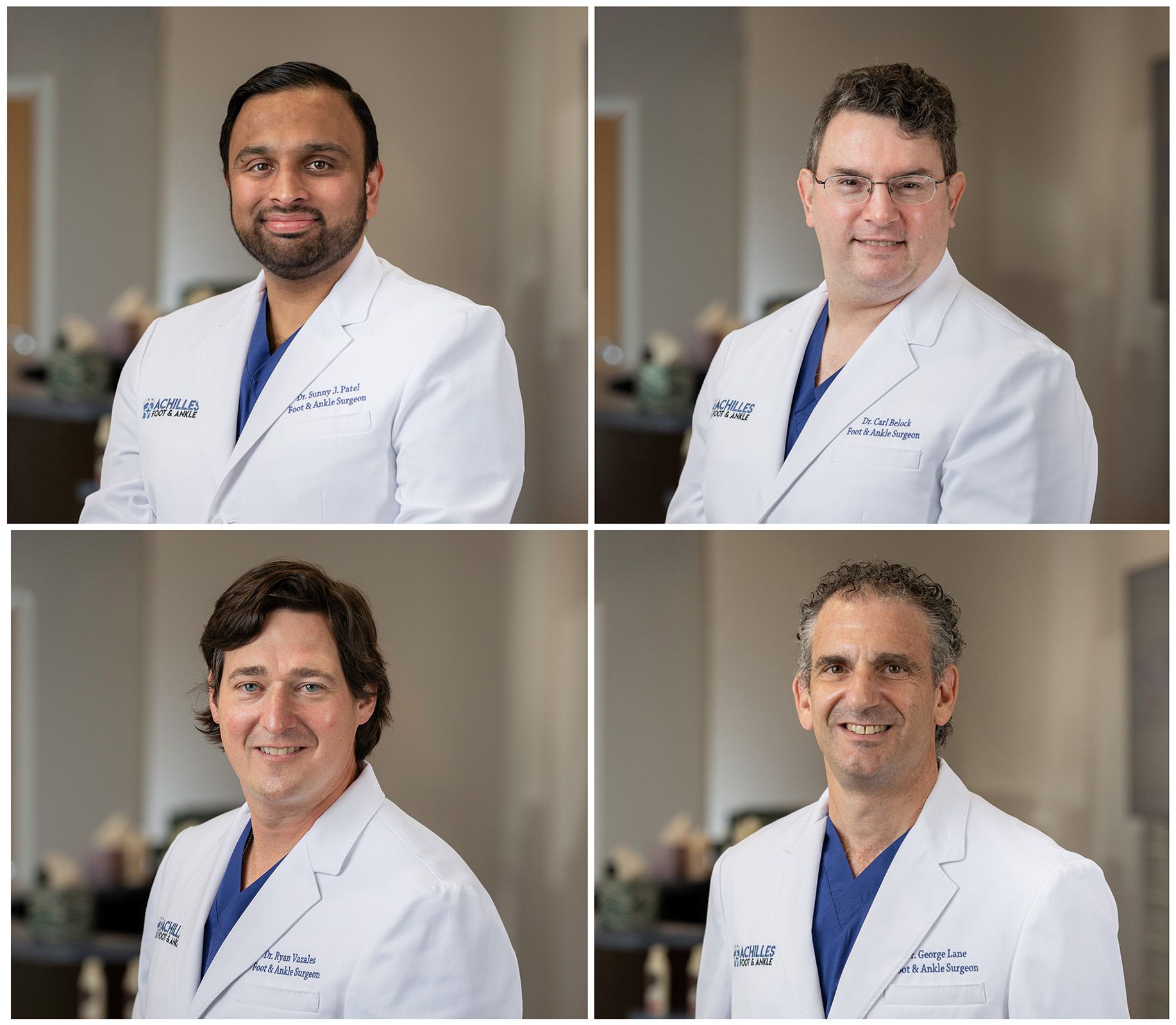 A collage of four doctors in white coats and blue scrubs