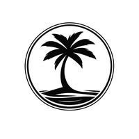 Palm tree silhouette within a circle, representing a tropical island scene.