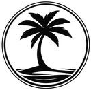 Palm tree silhouette on an island, inside a circular frame with water at the bottom.