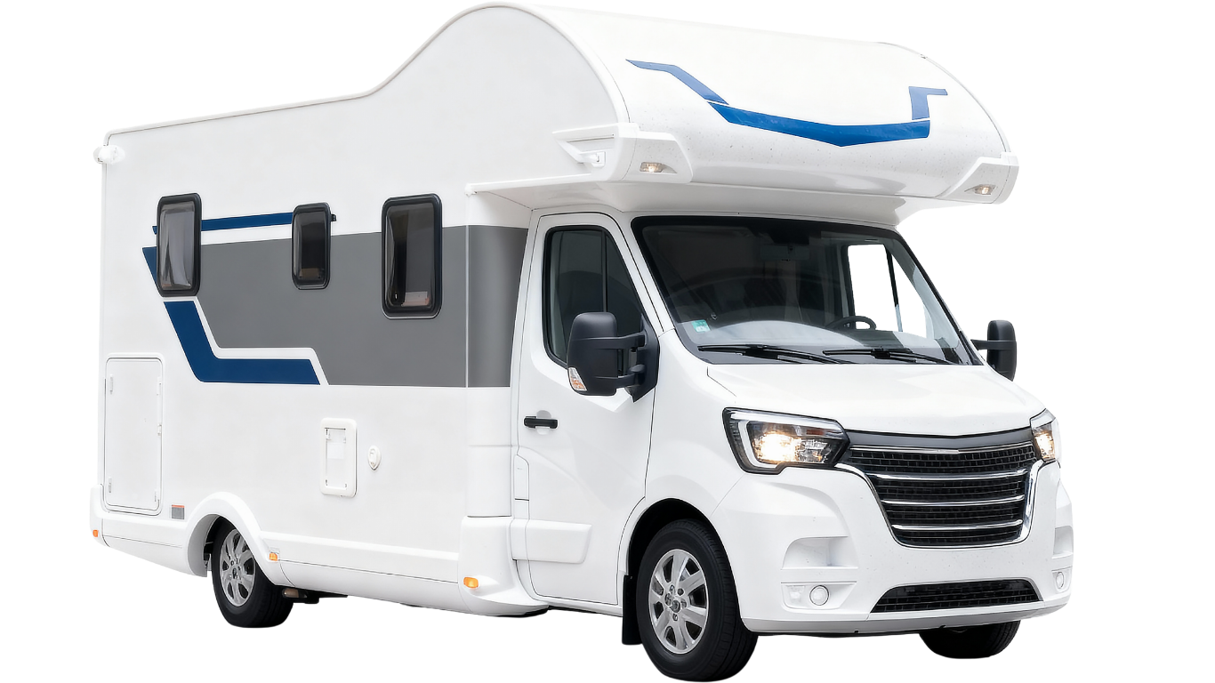 White motorhome with blue and gray accents, parked outdoors.
