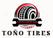 Logo for Toño Tires: tire design with wrench, red and black colors, text "AUTO REPAIR", "TOÑO TIRES" below.
