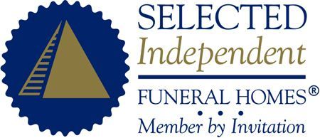Logo for Selected Independent Funeral Homes. Blue seal with triangle, and text.