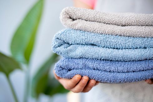 Person holding folded blue and beige towels with a green plant blurred in the background