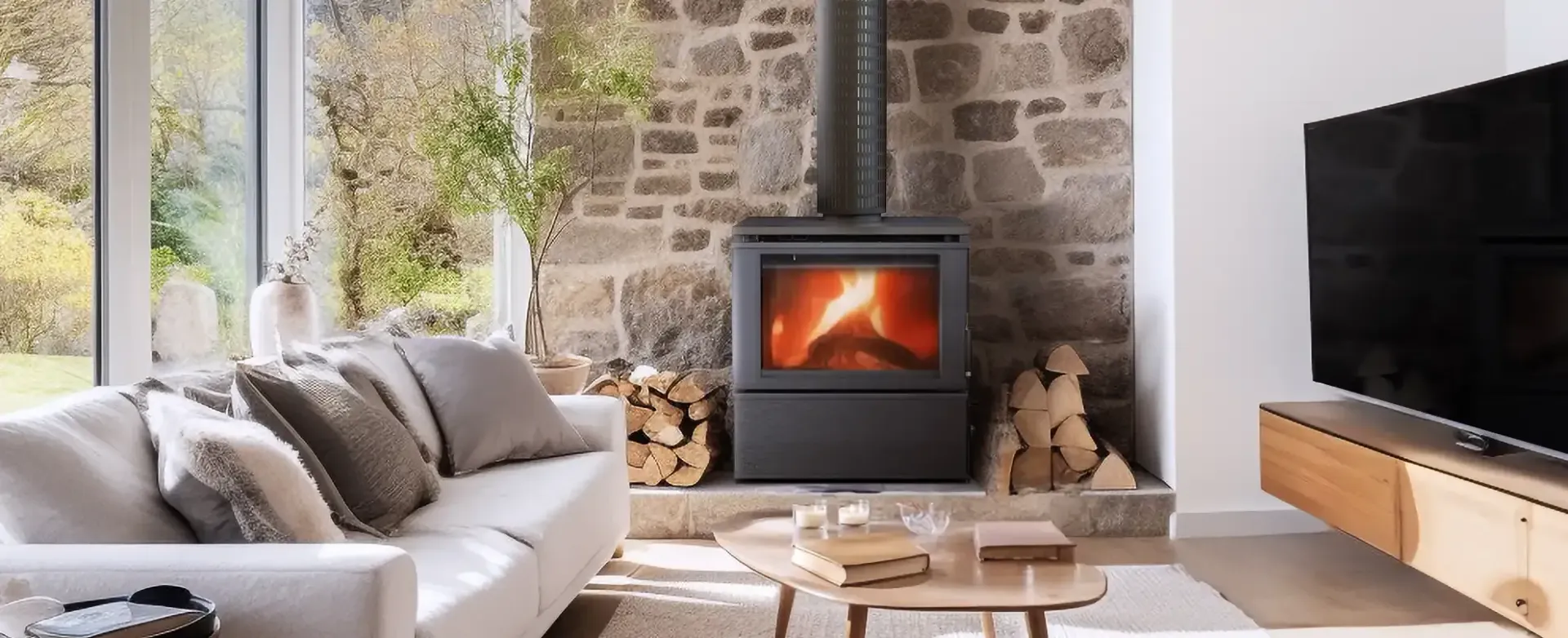 A Black Wood-burning Stove With a Chimney Pipe — Complete Heating In Huntingfield, TAS