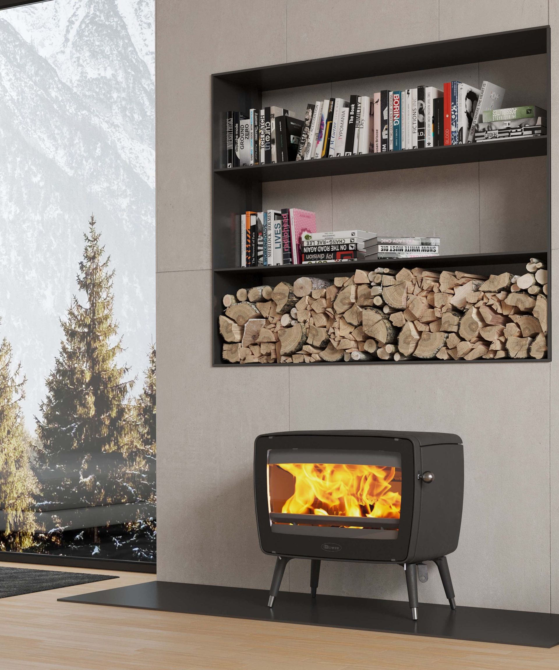 A lit Black Cast-iron Wood Stove Sits on a Hearth Pad — Complete Heating In Huntingfield, TAS