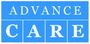 The logo for advance care is blue and white.