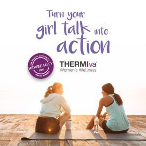 Two women sitting on a yoga mat with the words turn your girl talk into action