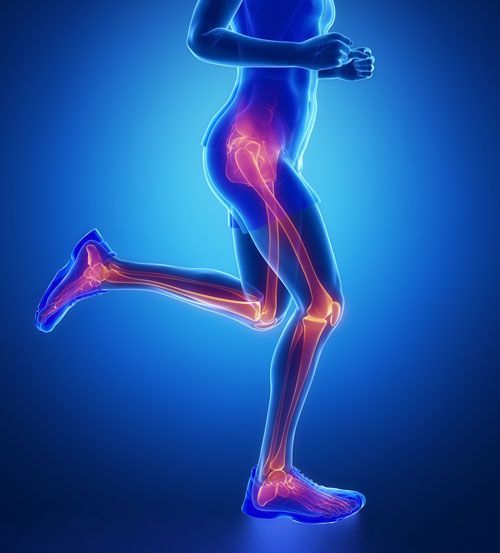 A skeleton of a person running on a blue background.