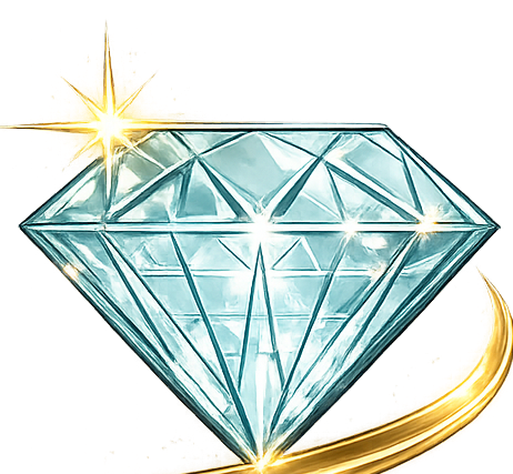Sparkling blue faceted diamond with golden shine on a white background