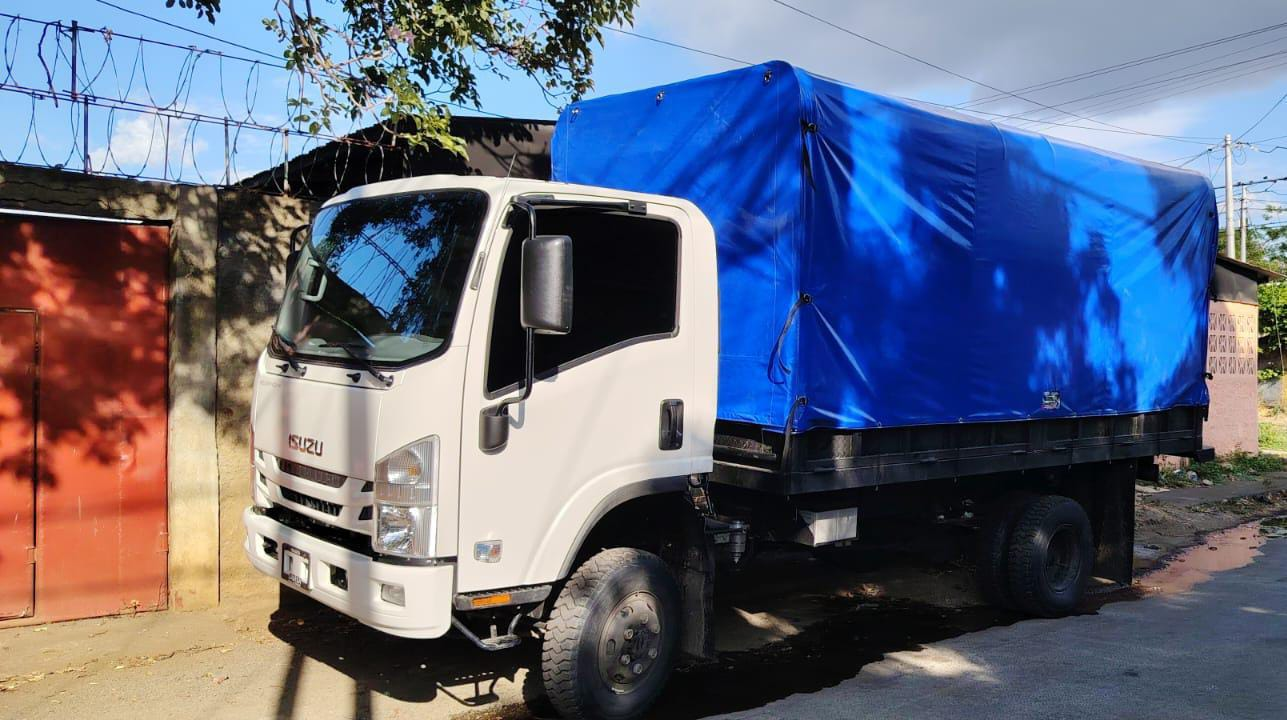 Camión de carga blanco con lona azul delante de una valla y un edificio.