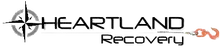 Logo for Heartland Recovery, featuring a compass graphic to the left and a tow hook attached to the end of the text.