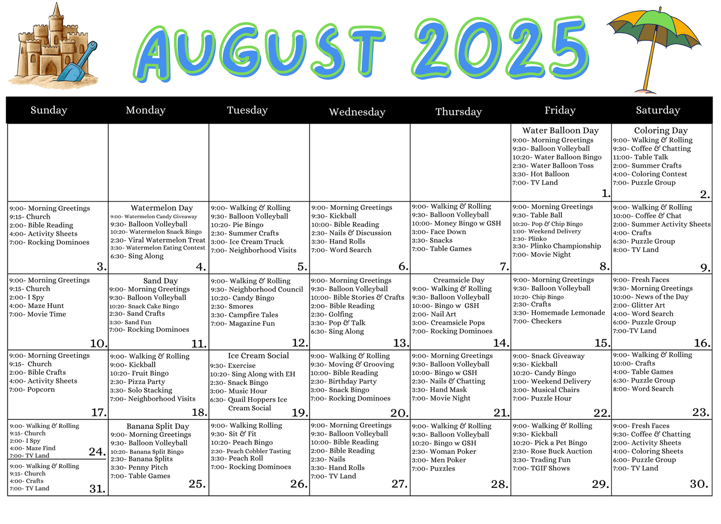 A calendar for august 2025 with a beach scene on it