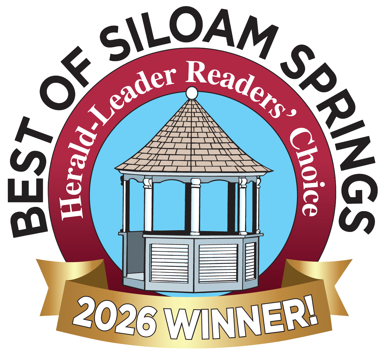 Best of Siloam Springs award, 2025 Winner. Red, white, and blue emblem with gazebo, banner.