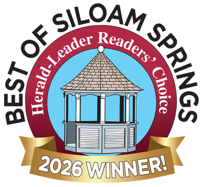 Best of Siloam Springs award, 2025 Winner. Red, white, and blue emblem with gazebo, banner.