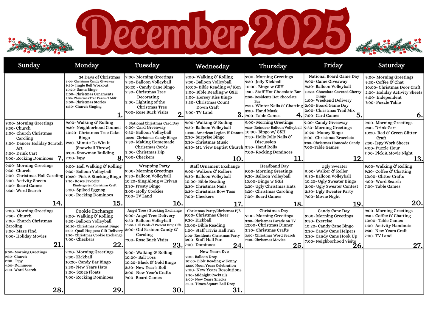 November 2025 calendar with turkey graphic, black days, and event details.