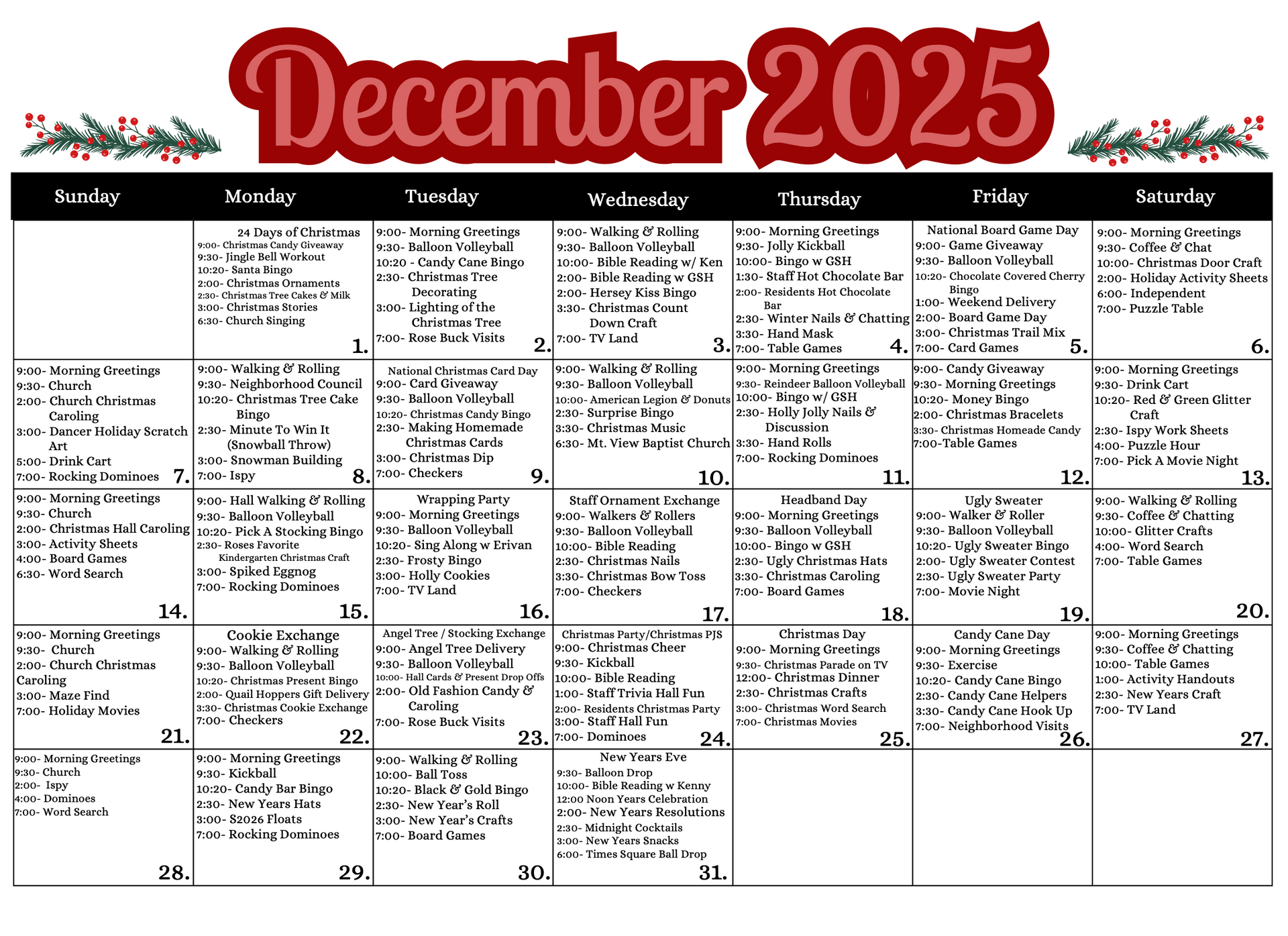 November 2025 calendar with turkey graphic, black days, and event details.