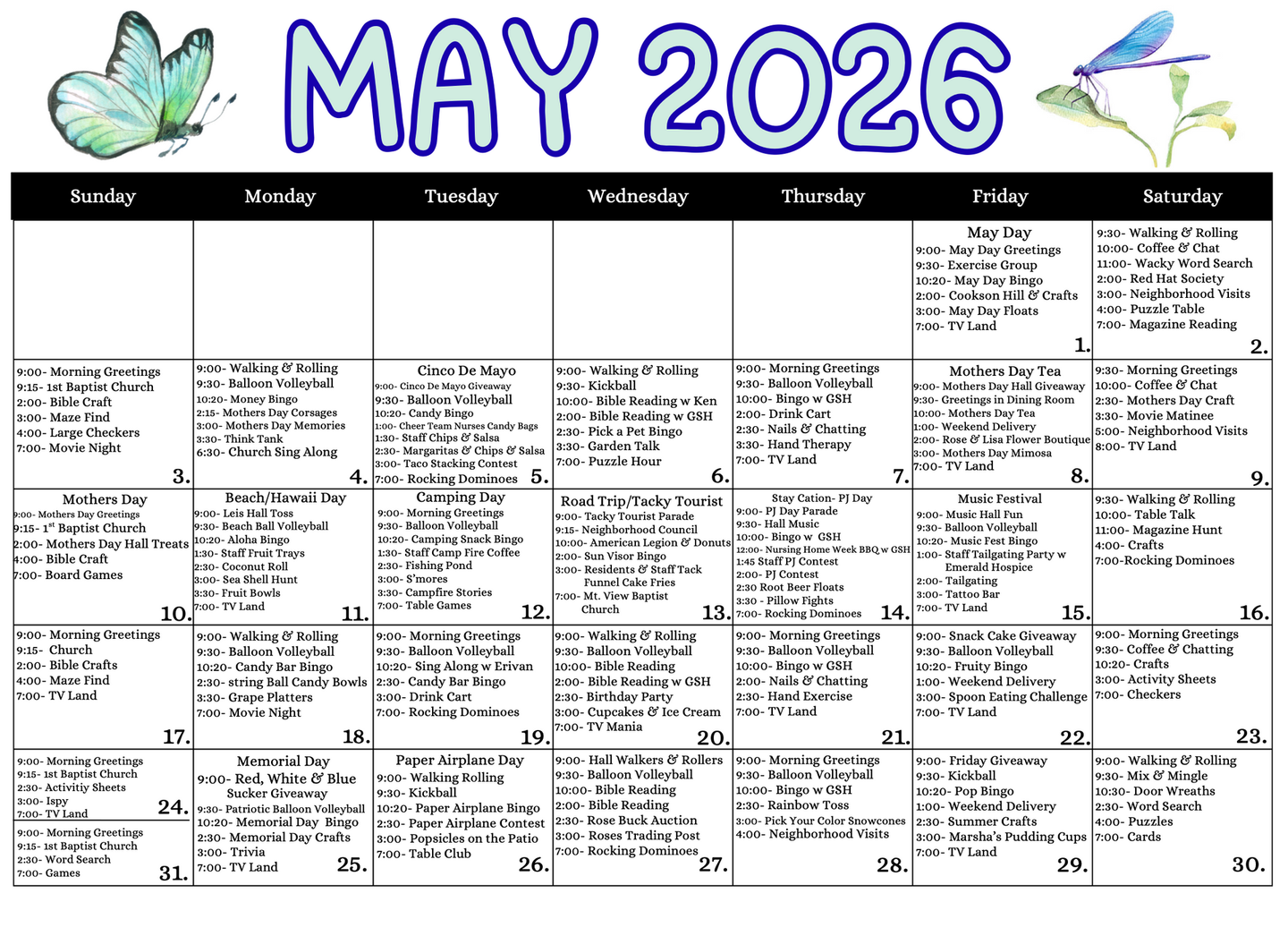 May 2026 monthly calendar with a butterfly header and handwritten notes in each date box